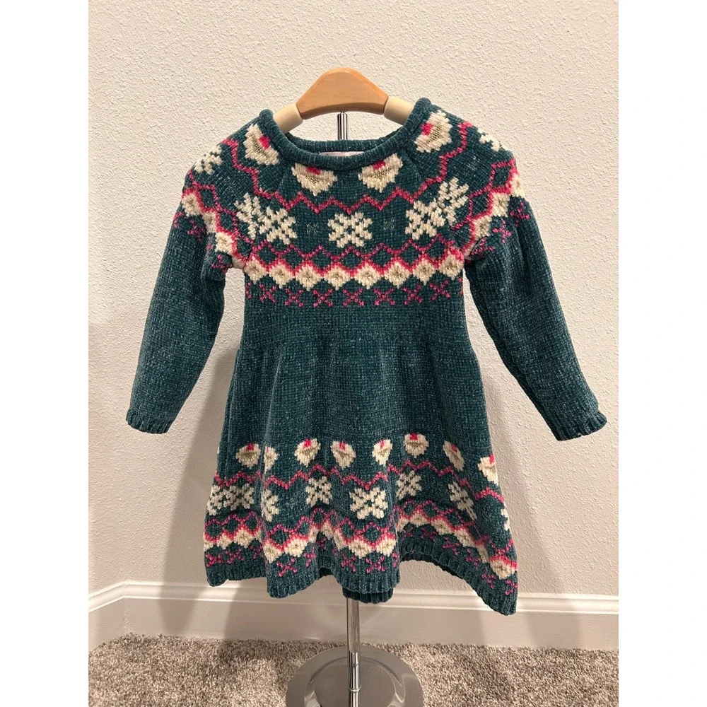 Girls Teal Fair Isle Snowflake Knit Sweater Dress Long Sleeve Size 3T